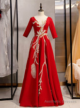 Burgundy Satin Short Sleeve Sequins Appliques Prom Dress